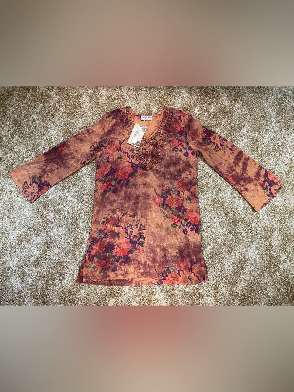 Vintage Goa Tunic Top Medium Boho Floral Crochet Lace Cotton Festival Blouse NWT